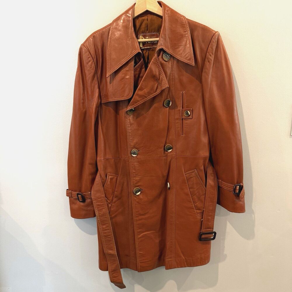 Vintage 70s Leather Trench Coat Classic M L Double Breasted Belted Rust Brown